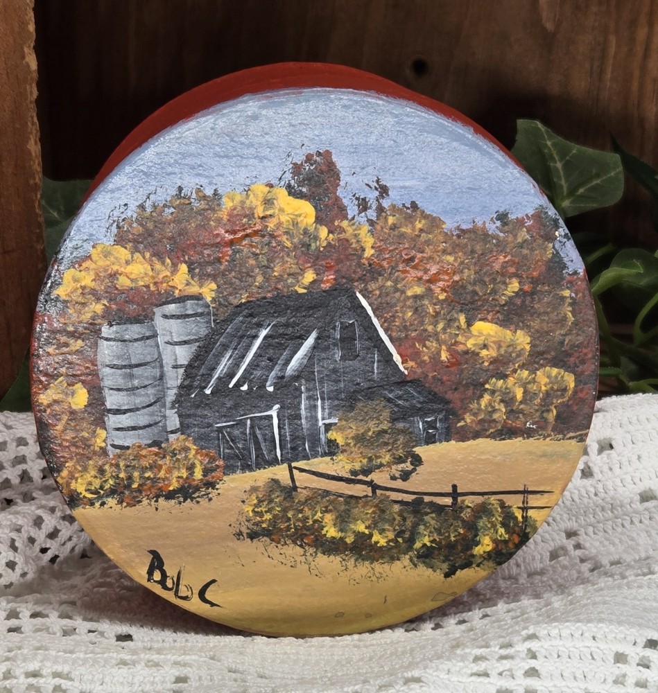 paper mache round box w/ fall barn (26017) hand painted
