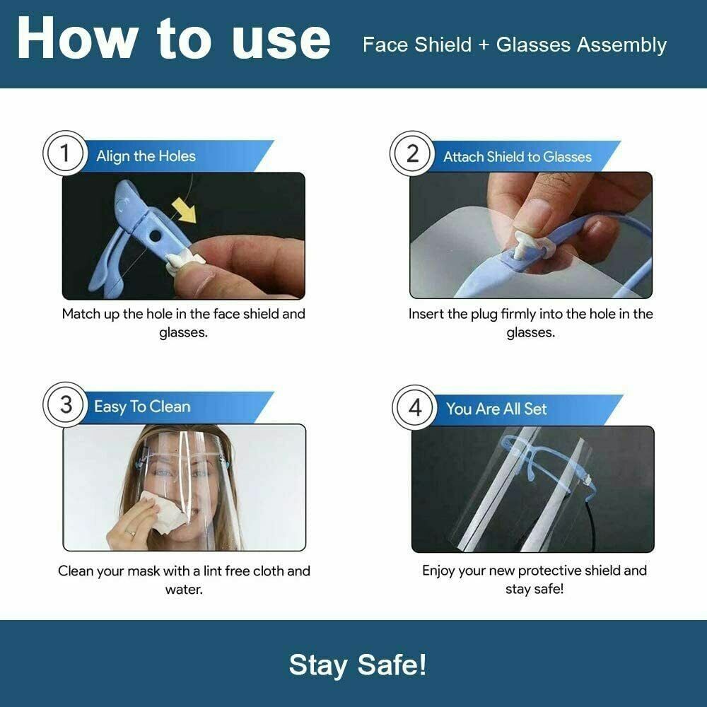 8 Pack Reusable Glasses Frame Face Shield Clear Visor Protective from Droplets.