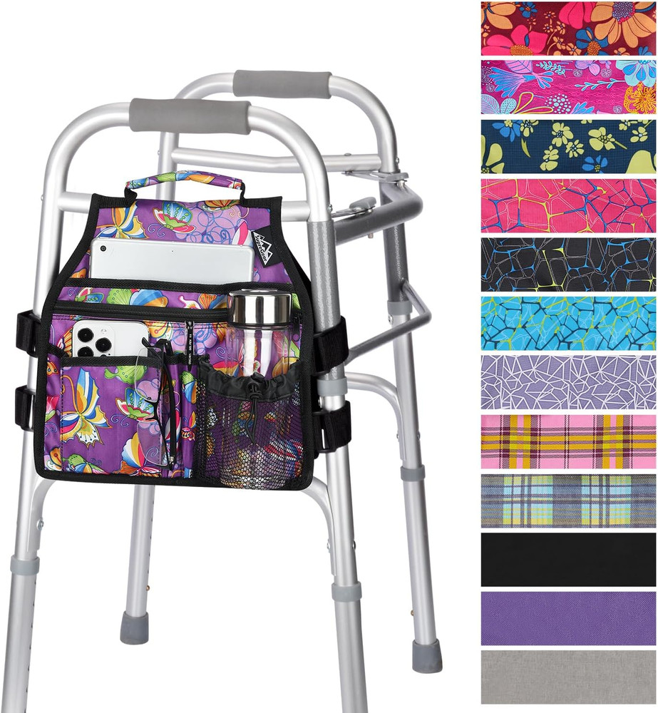 Walker Side Bag, Storage Pouch W/Cup Holder for Folding Walker, Waterproof Caddy