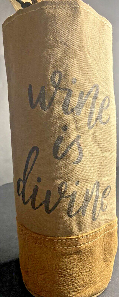 Myra Wine Bag "WINE IS DEVINE" Canvas & Leather Pouch. NEW WITH TAGS!