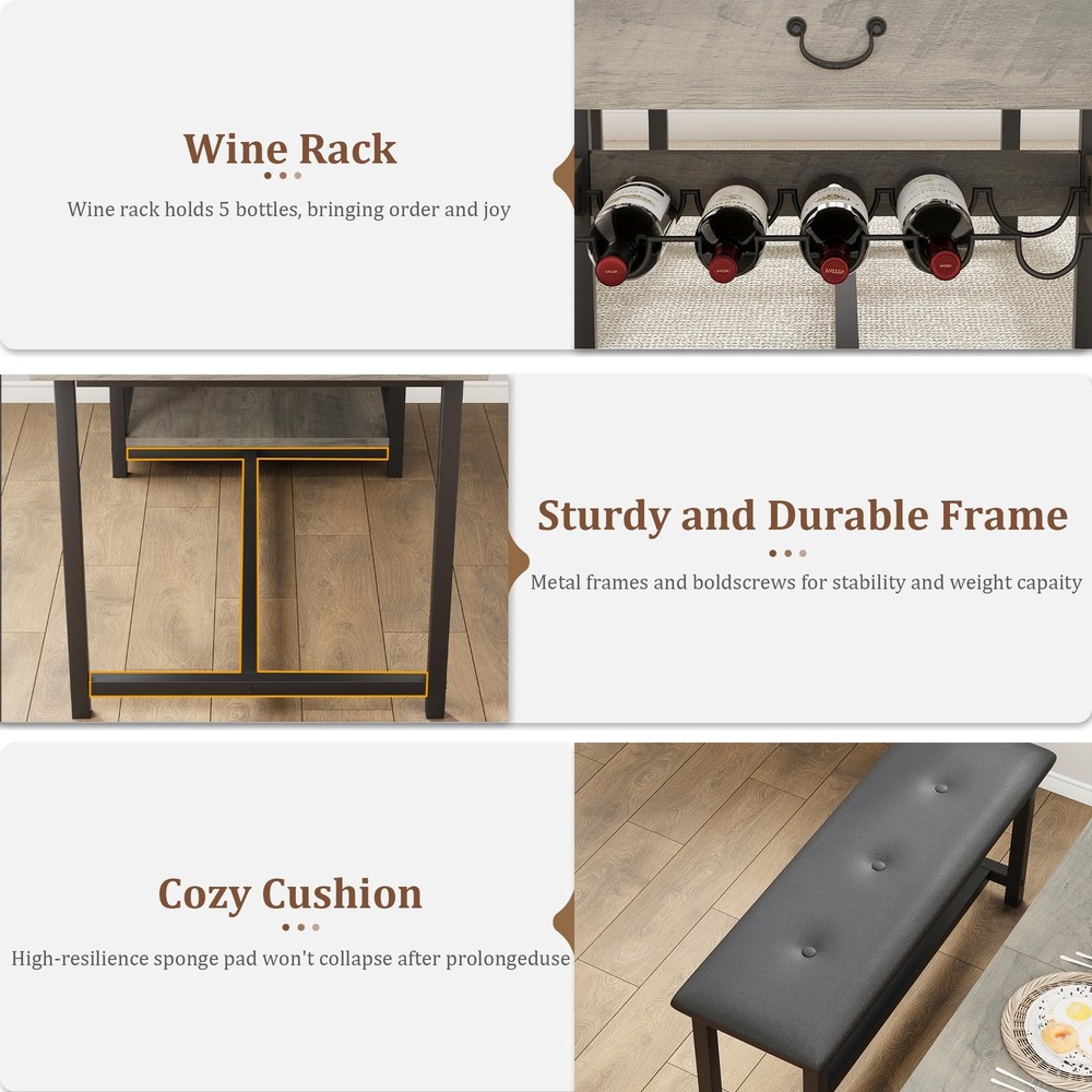 New Dining Table Set for 4 Kitchen Table and 2 Benches, Drawers ,Wine Rack ，Grey