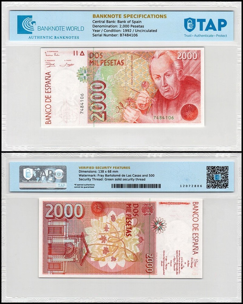 Spain 2000 Pesetas, 1992, P-162, UNC Authenticated
