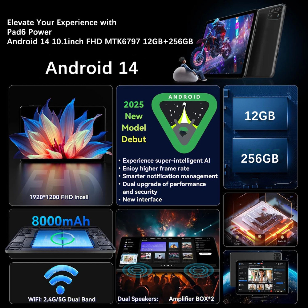 2026 Tablet 12GB RAM 256GB ROM Android 14 Tablets Octa-Core 8000mAh Gemini AI