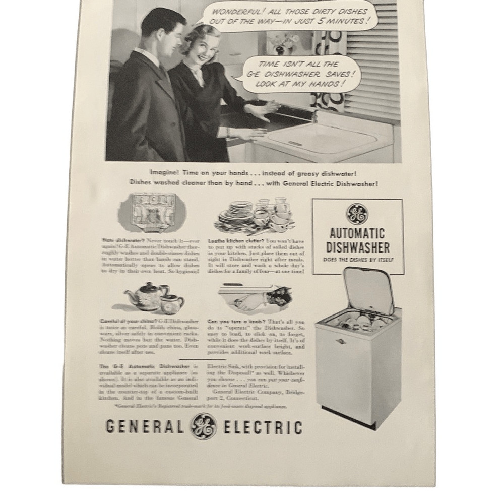 Vintage 1949 General Electric GE Automatic Dishwasher Ad Advertisement