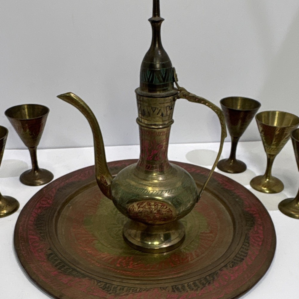 Middle Eastern Brass Coffee Set with Tray, 6 Engraved Colored Goblets, Handmade