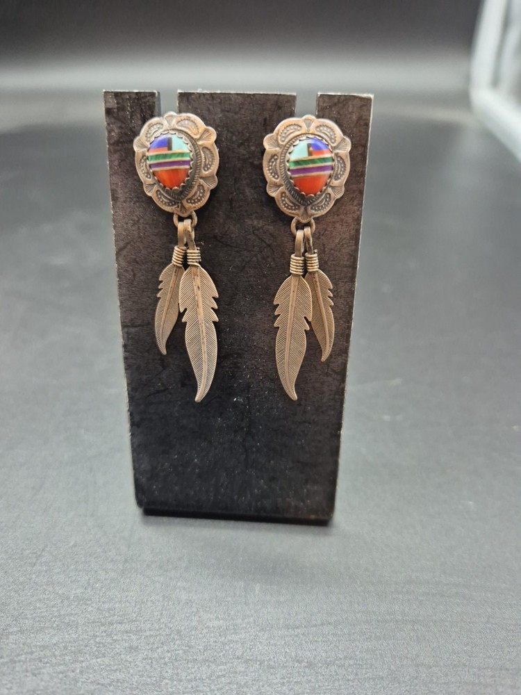 Vintage Native American Sterling Silver Dangle Feathered Earrings by Q.T.