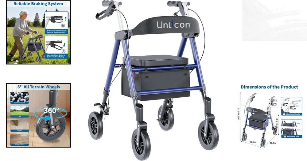 Luxury Foldable Rollator Walker for Seniors - Aluminum Frame, 300 lb Capacity