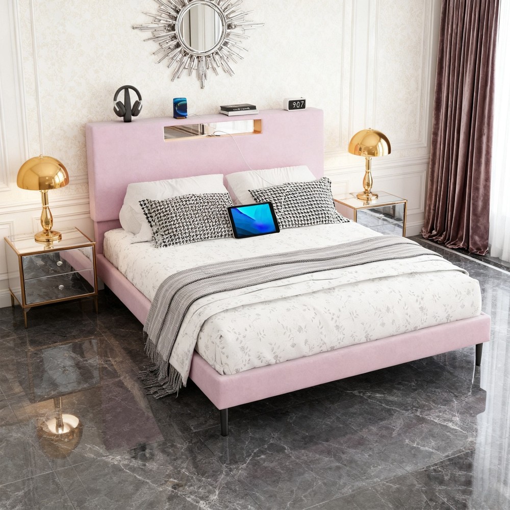Wooden Bed Frame Full Slat Support Platform Bed With High Headboard LED Lights