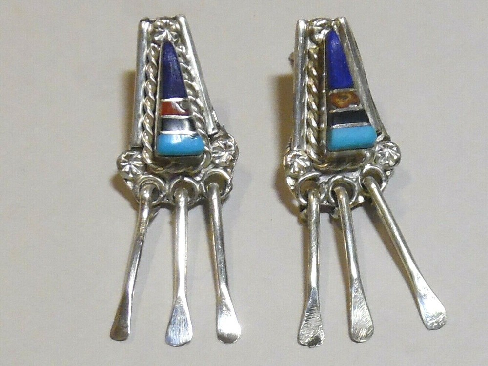 J-936 ZUNI STERLING SILVER MULTI-STONE POST DANGLE EARRINGS BY WILLIE GIA