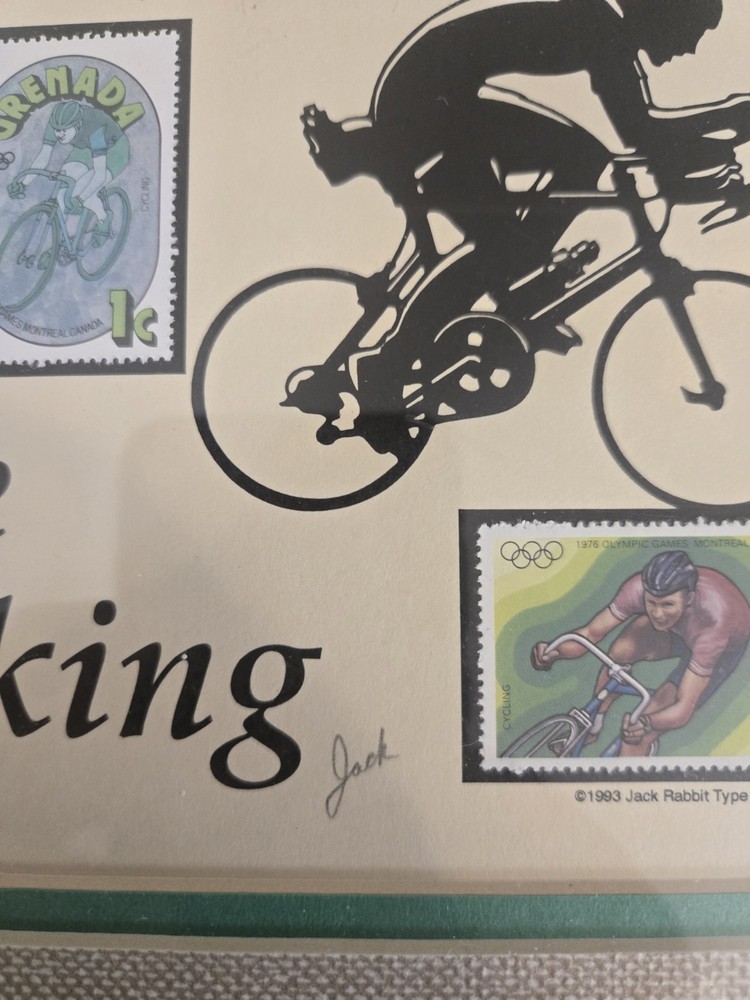 Vintage Framed Postage Stamp Art “Gone Biking” Jack Rabbit Studio 1993 Signed