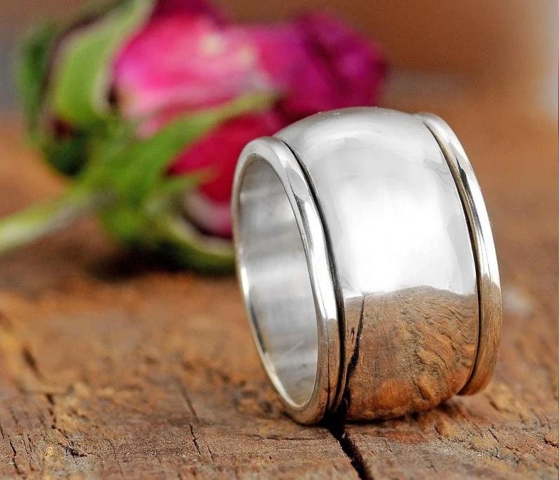 Solid 925 Sterling Silver Spinner Thumb Worry Meditation Fidget Wide Band Ring