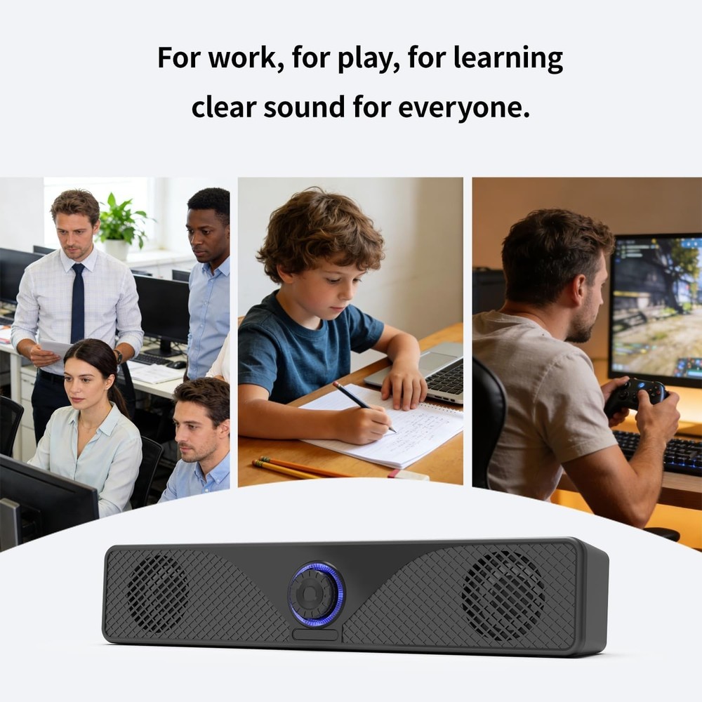 Computer Soundbar, USB Powered Wired PC Speakers with 3.5mm AUX, Basic & Clear S