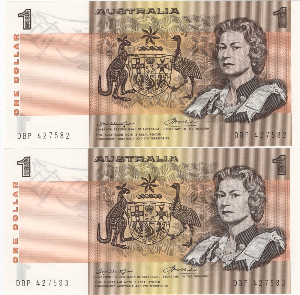 1976 Australia $ 1 Dollar DBP Consecutive Pair Test Note - R76bi - UNC - # 35005