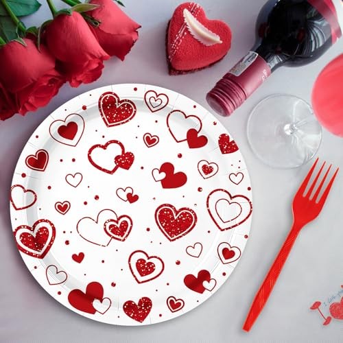96 Pieces Valentine’s Day Tableware Set – Red Heart Disposable Plates,