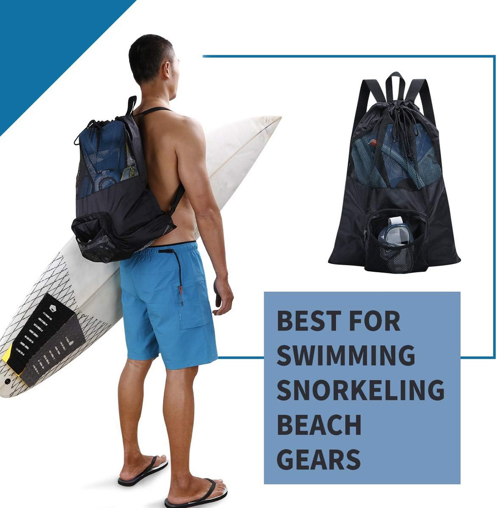Packable Mesh Swim Drawstring Backpack, 35L Capacity, Lightweight Swim Bag