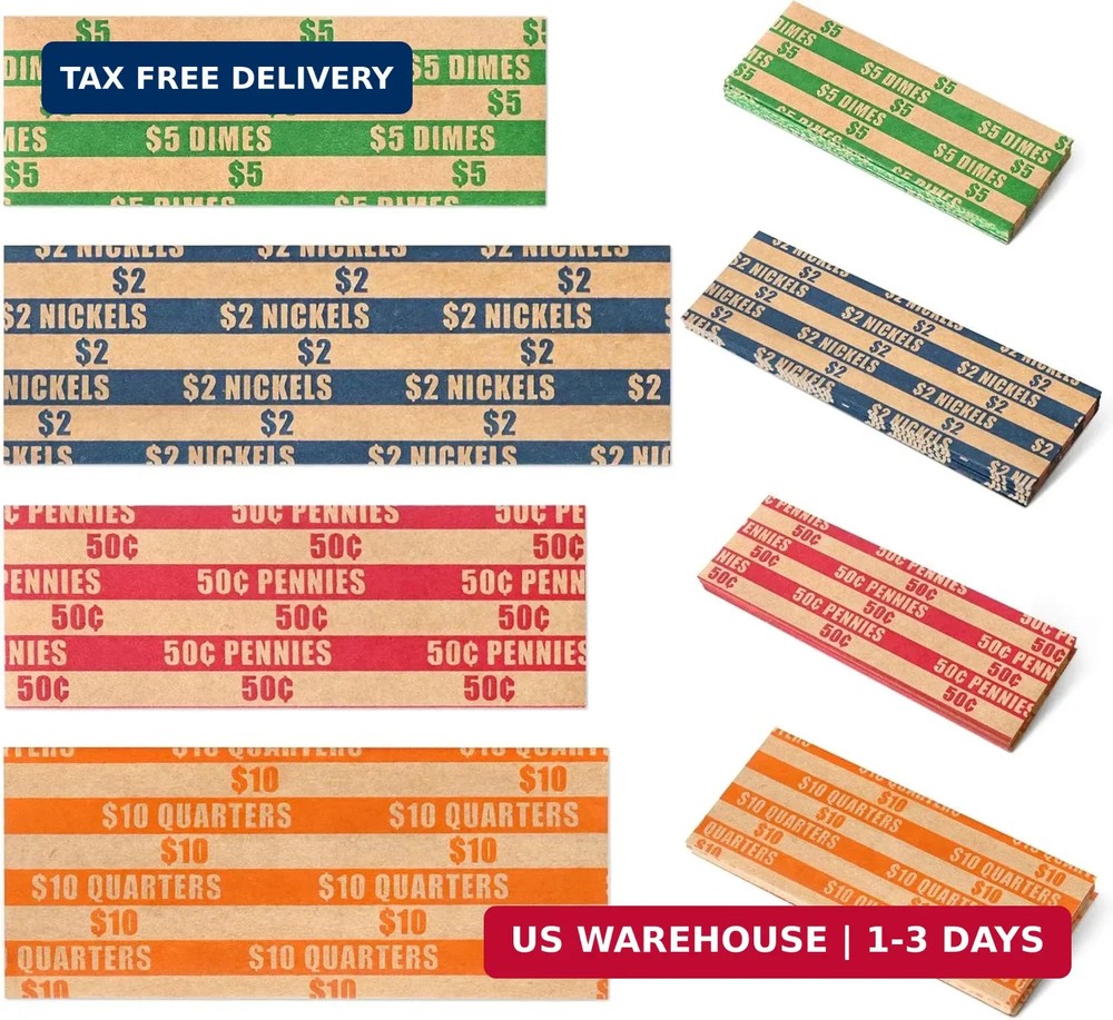 ESSENTIAL 100 pcs Assorted Packed Flat Stripped Coin Wrappers, Coin Rolls Wrappe