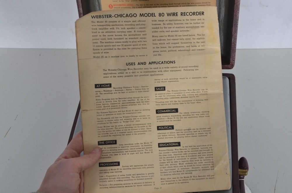 Vintage Webster Chicago Wire Recorder Model 80-1 As Is Powers On Run Rewind Work