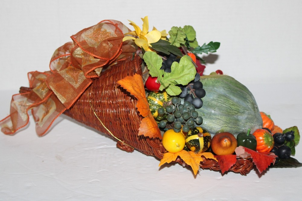 Cornucopia in Wicker Basket with Artificial Fall Thanksgiving Flowers
