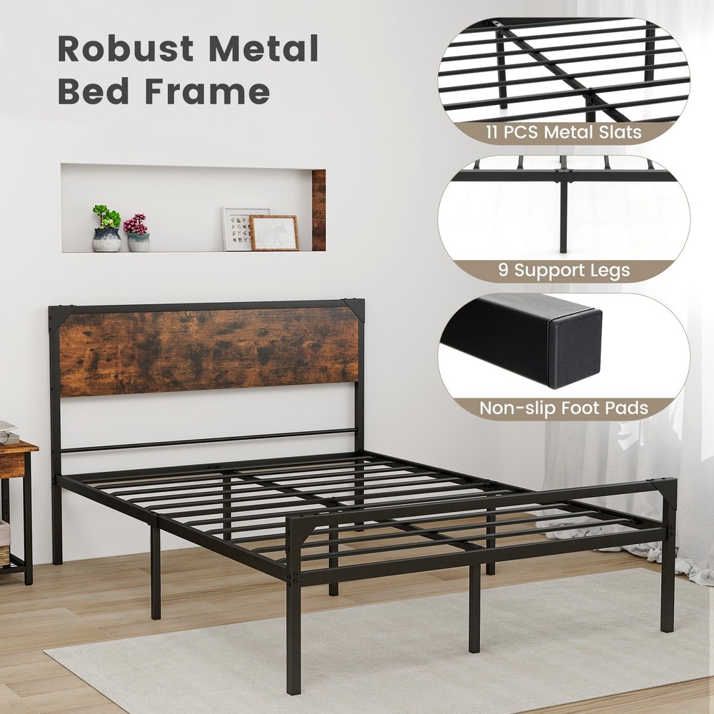 Full Size Metal Bed Frame Platform with Wooden Headboard No Box Spring Needed