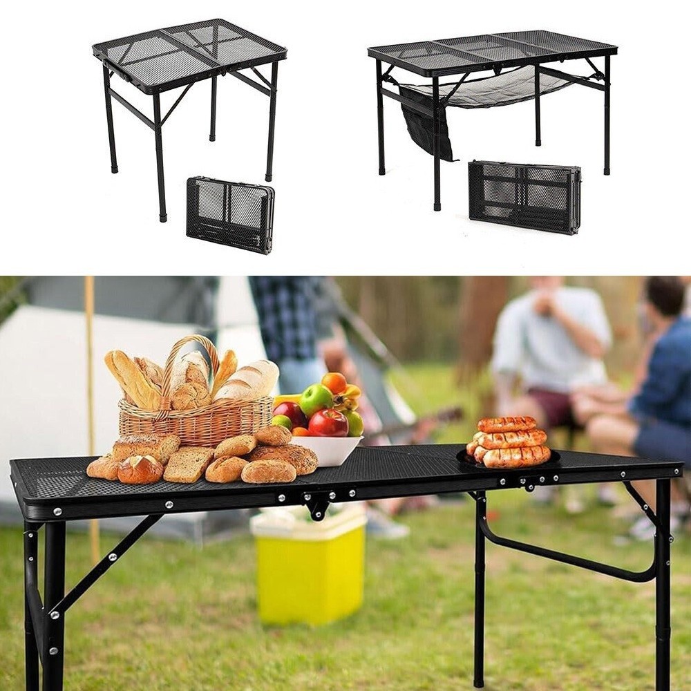 Camping Table with Mesh Desktop Portable Folding Grill Table Height Adjustable