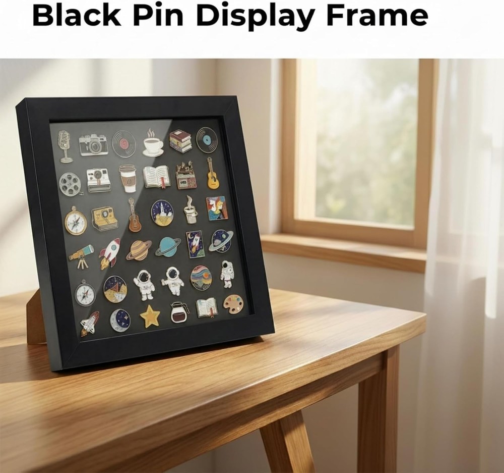 11x11 Enamel Pin Display Case, Black Pin Display Frame for Table or Wall Mount,