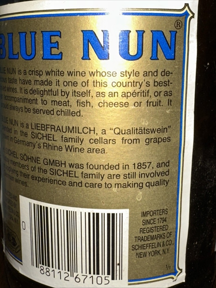 Sichel Blue Nun Empty Bottle