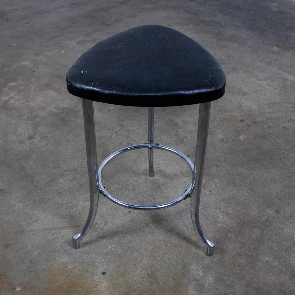 Art Deco Streamline Moderne Low Stool Solid Chrome Legs & Black Vinyl Seat