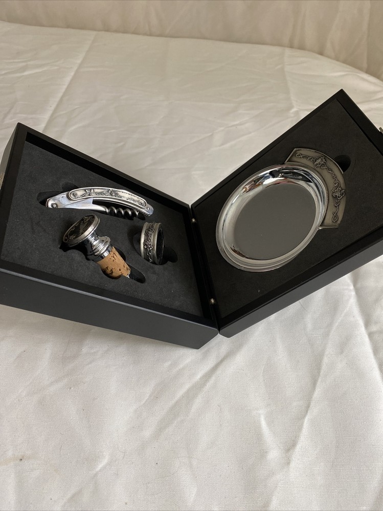 VTG 90s Grapevine Wine Accessory Set 4pc Corkscrew Stopper Drip Ring Coaster Box