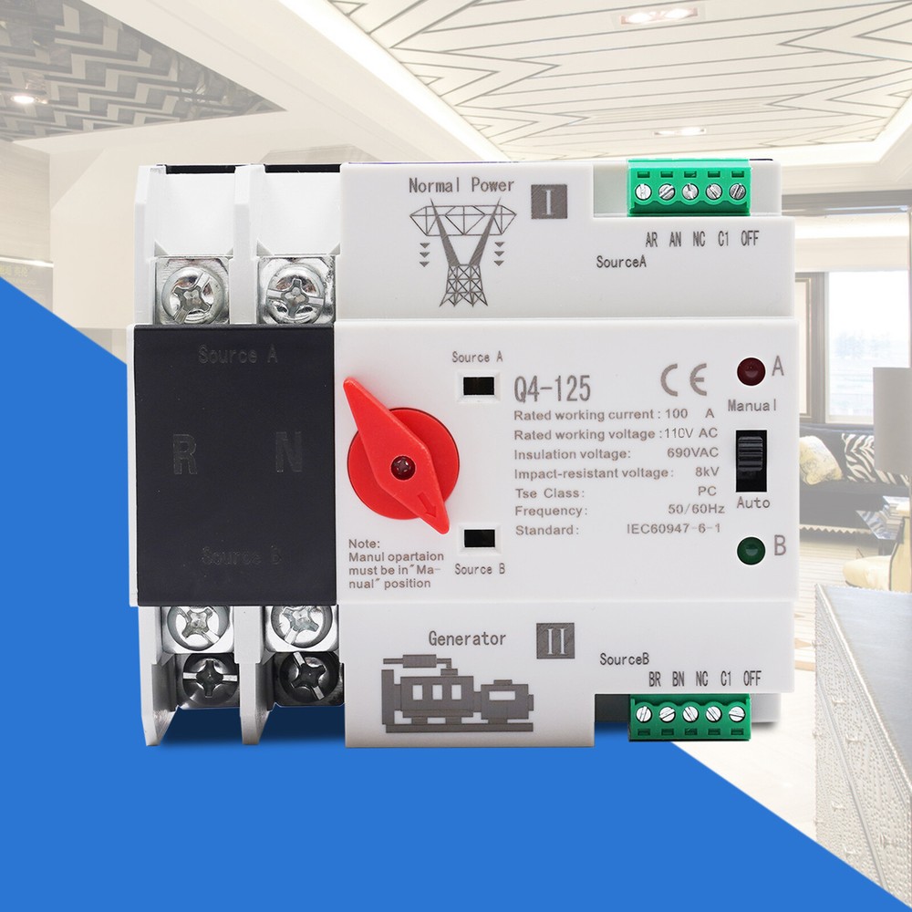Automatic Transfer Switch 2P 100A 110V Grid to AC Generator Dual Power