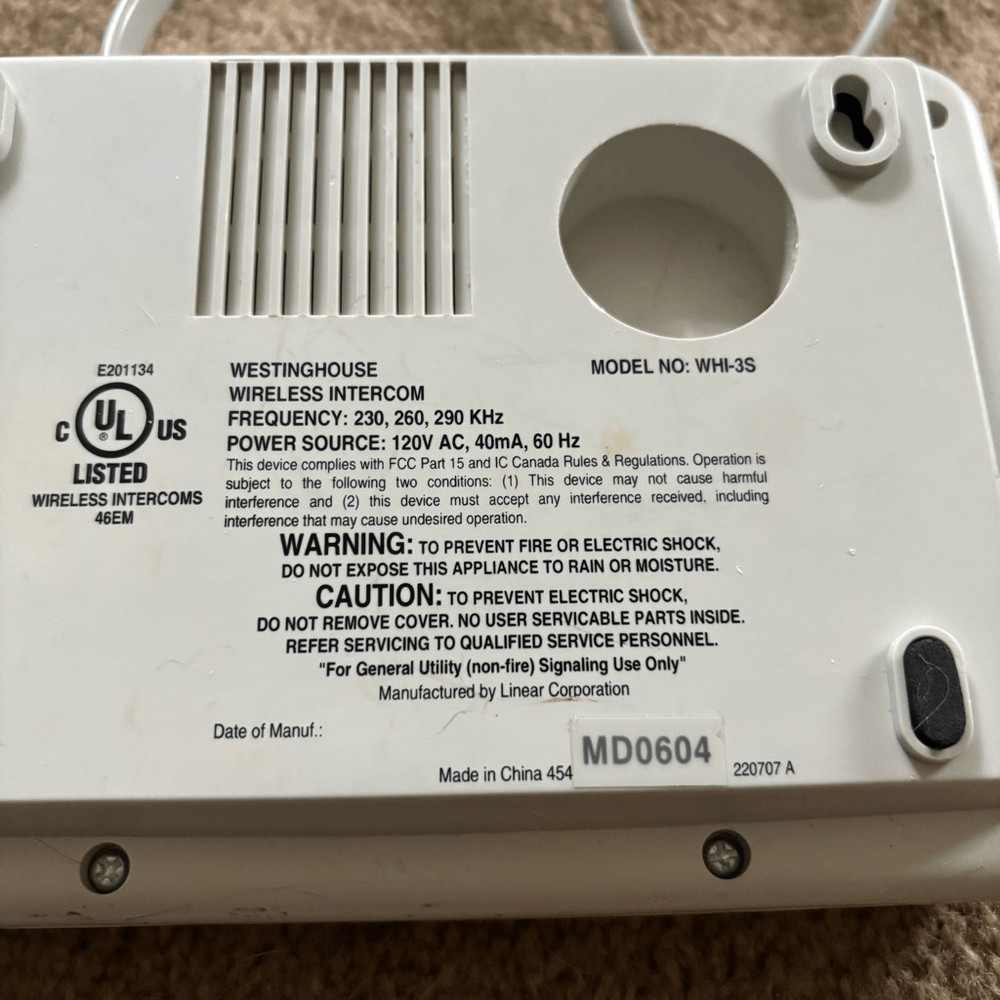 Westinghouse Wireless Intercom Model No. WHI-3S *Works*