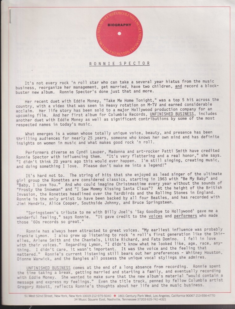 Ronnie Spector unfinished business press kit 1987