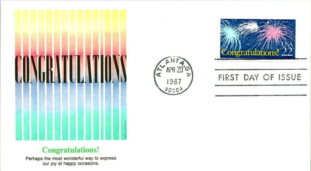 CONGRATULATIONS   1987 FLEETWOOD CACHET FDC VF UNADDR