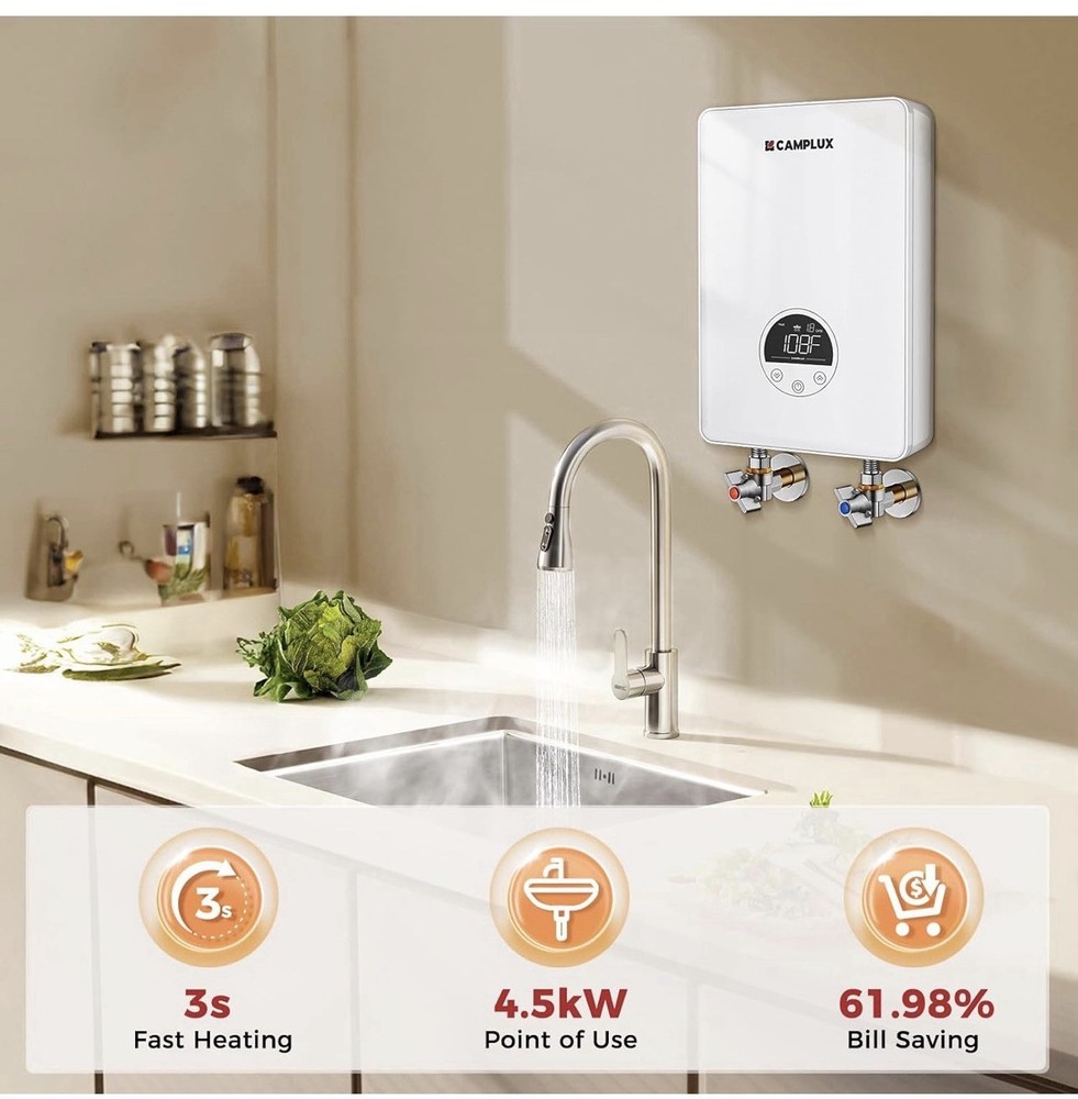 CAMPLUX Tankless Water Heater Electric 4.5kW 110~120V Small Instant Point-of-use