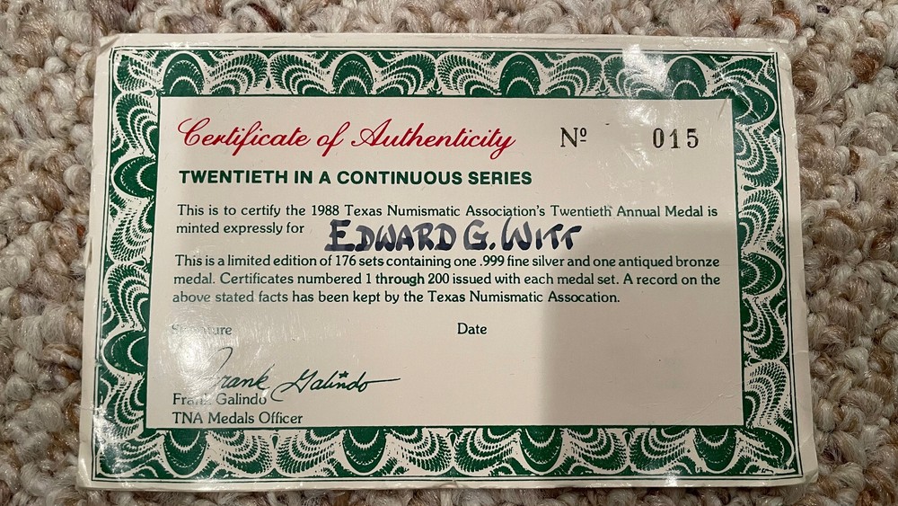 Numismatic Association Texas 1988, Space Shuttle, Silver, Serial Number 15