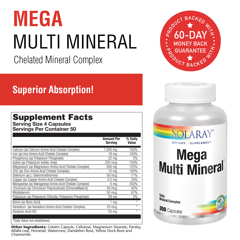 Solaray Mega Multi Mineral | 200 Capsules