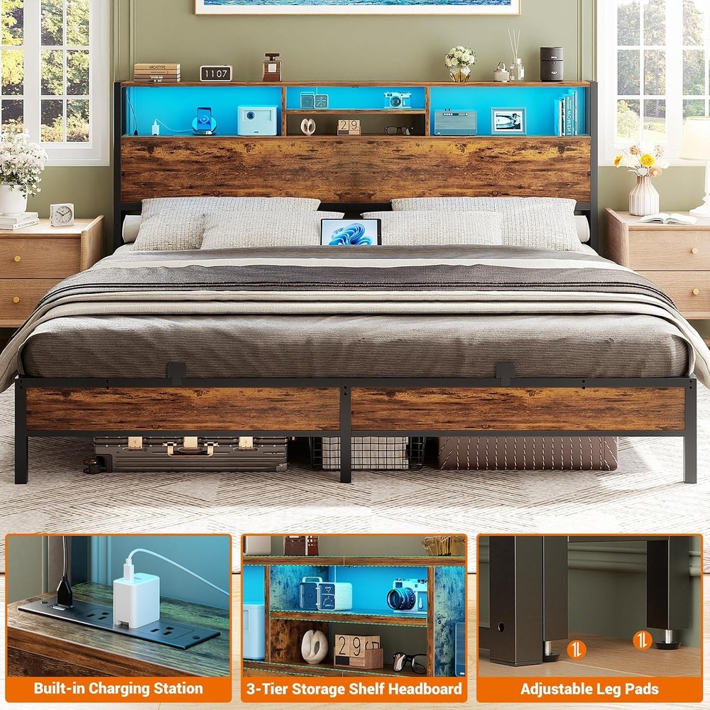 Aheaplus Headboard for King Size Bed with Storage, King, Rustic Brown