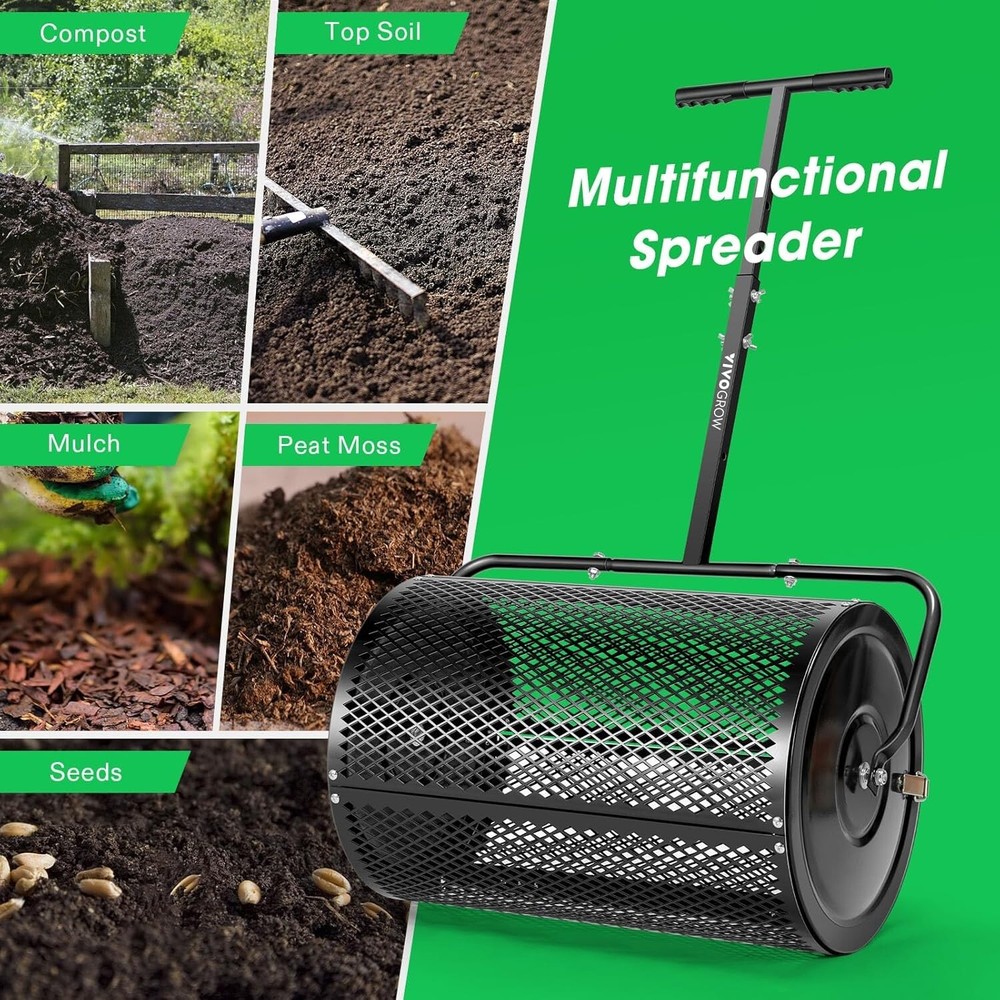 24" Lawn Compost Spreader Peat Moss Roller Lawn Spreader Adjustable Handle