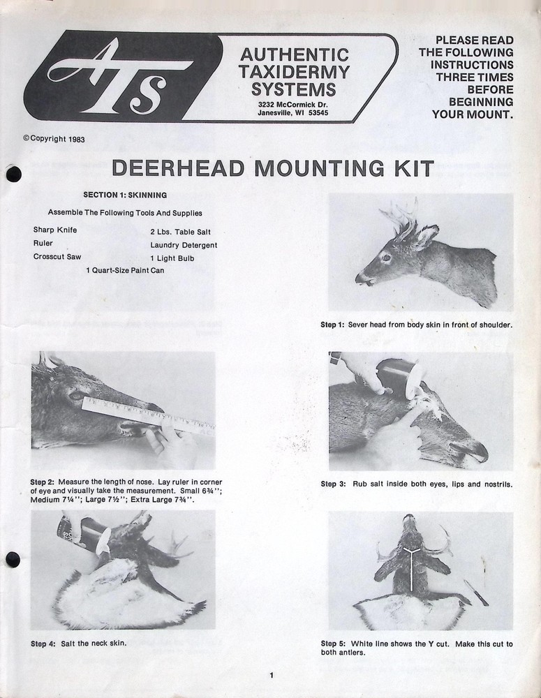1983 Authentic Taxidermy Systems Deerhead Mounting Kit Instructions Guide
