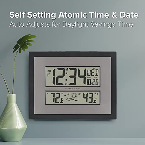 512-85937-INT Atomic Digital Wall Clock with Temperature & Gray/Silver