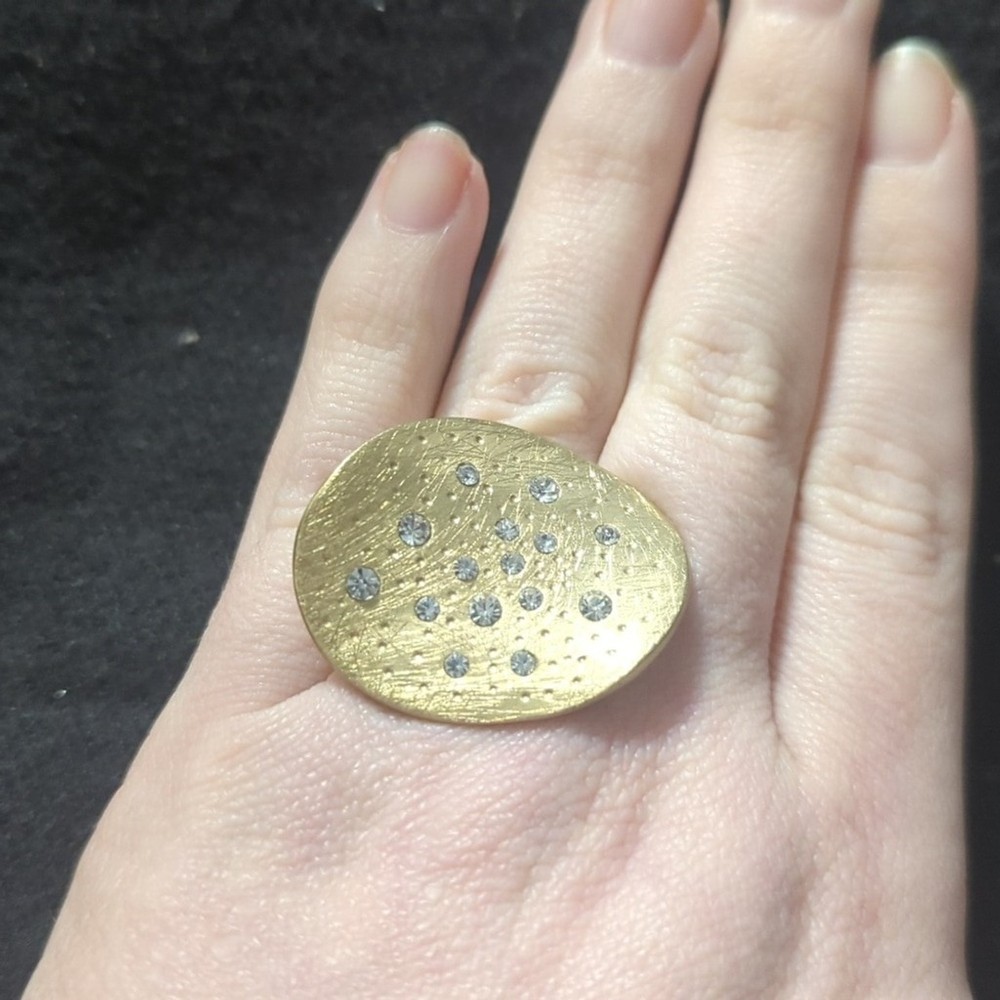 Solid Brass Clear CZ Oversized Chunky Disc Statement Cocktail Ring - Size 7