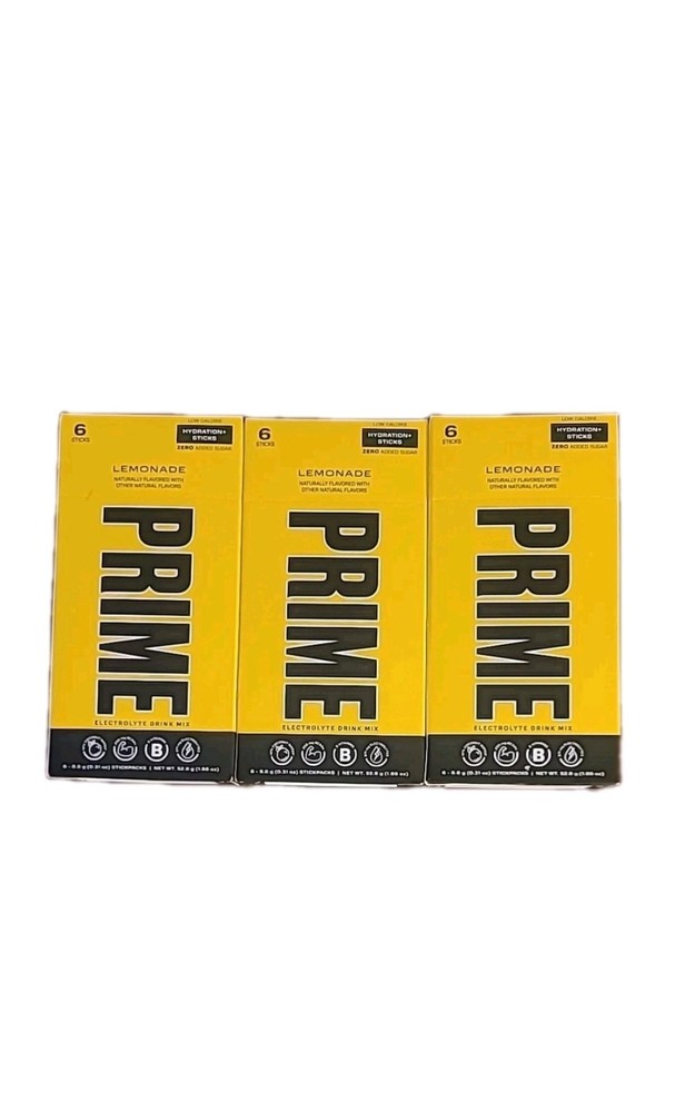 3 × Prime Electrolyte Hydration+Drink Mix Lemonade  Zero Sugar Added 18 Sticks