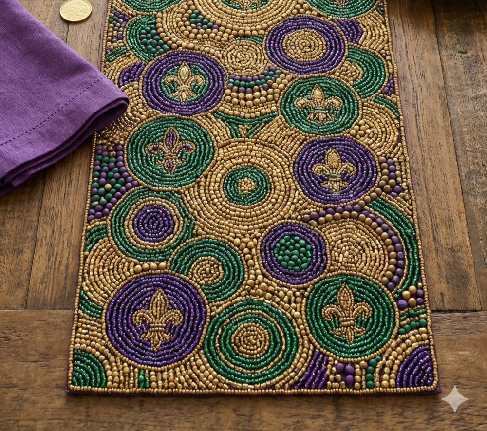 Mardi Gras Table Runner – Beaded Fleur de Lis Table Decor