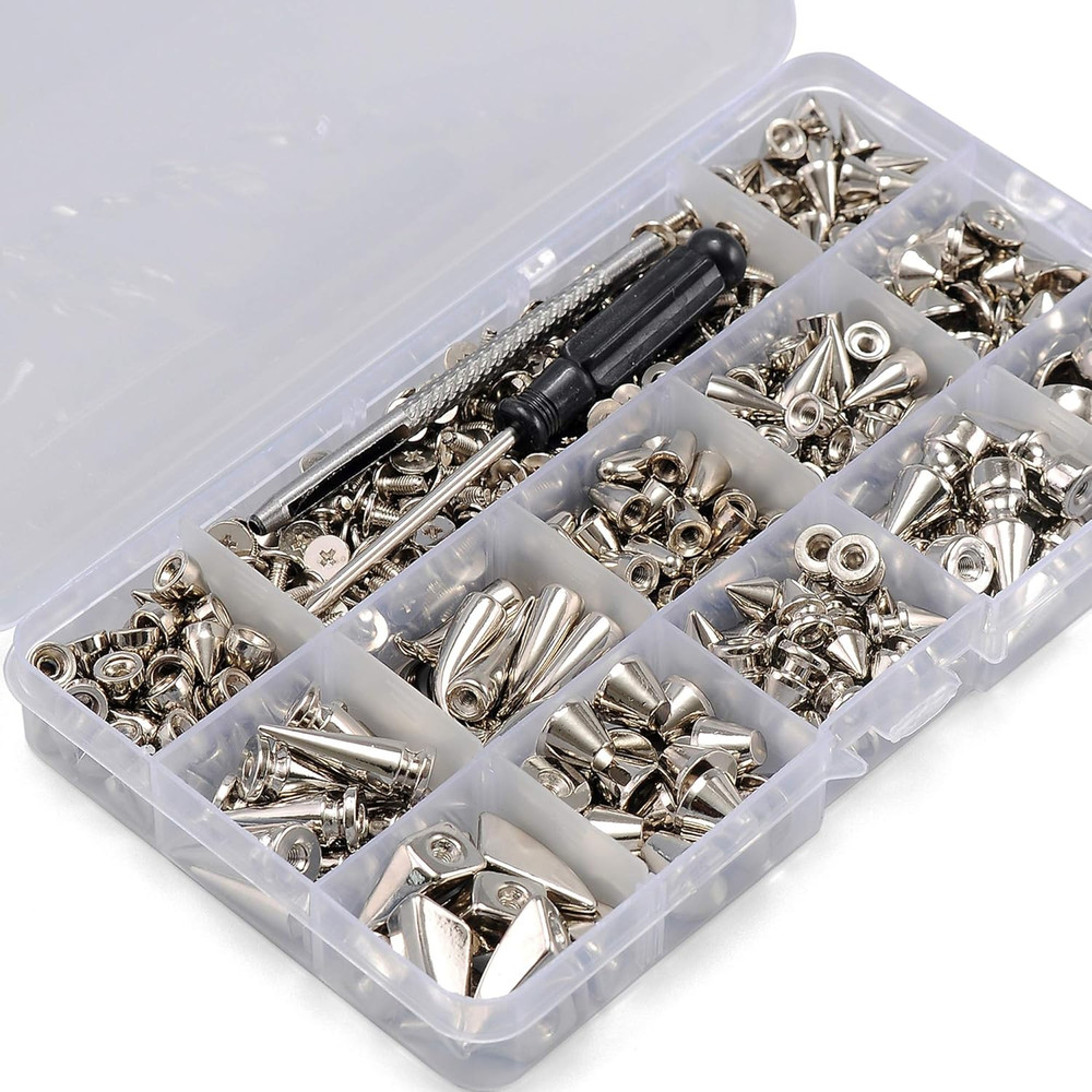 270 Sets Mixed Shape Spikes & Studs Silver Color Screw Back Bullet Cone Studs an