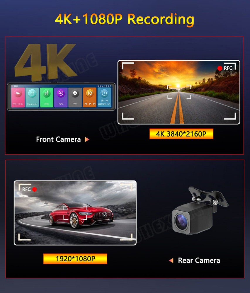 Wireless Carplay Android Auto Car Rearview Mirror Dash Camera Front 4K Dual Cam