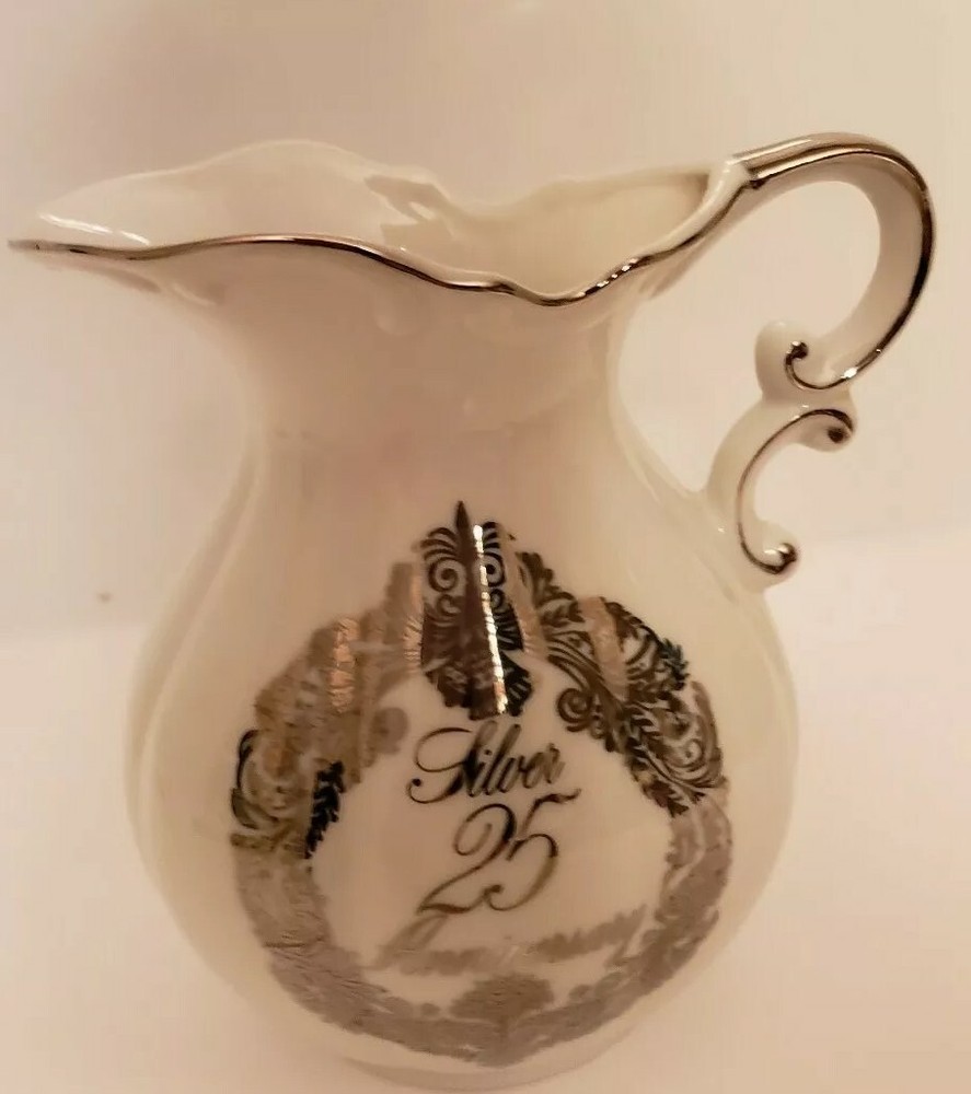 Vintage China 25th Anniversary Pitcher Silver Trim and Scroll
