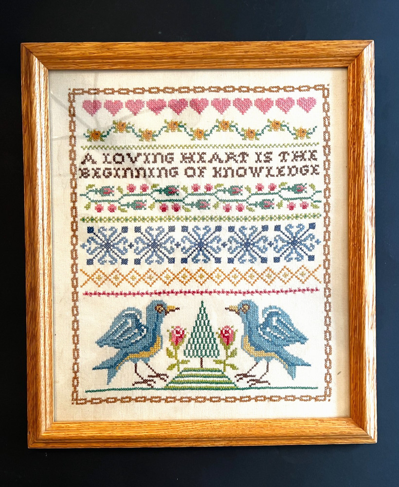 Vint Finished Completed Framed Cross Stitch Colonial Sampler Needlepoint Linen
