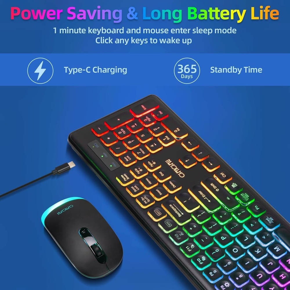 Wireless Keyboard and Mouse Combo Backlit - Compact Quiet Keyboard with RGB M...