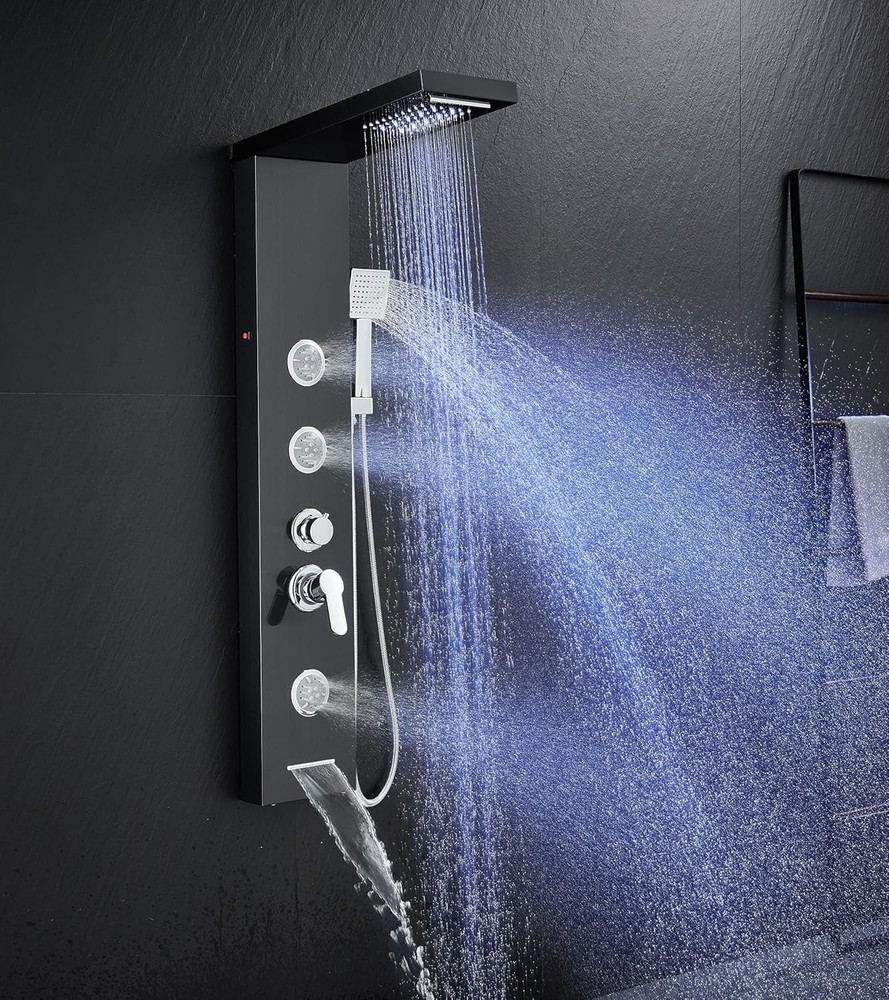 5-in-1 Black LED Shower Panel with Rainfall, Jets & Handheld Showerhead