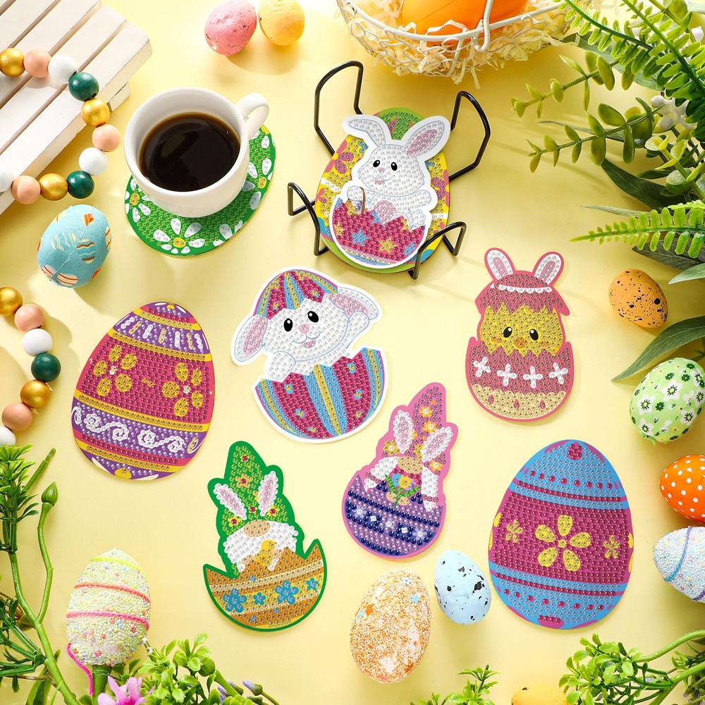 FairySandy 10 Pcs Easter Diamond Painting Coasters Egg Bunny Medium, As Shown