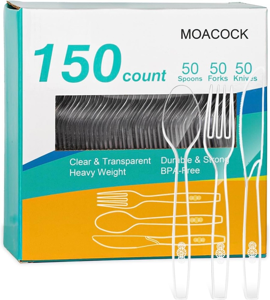 MOACO Clear Plastic Sierware, Heavy Weight Plastic Forks Spoons Knives